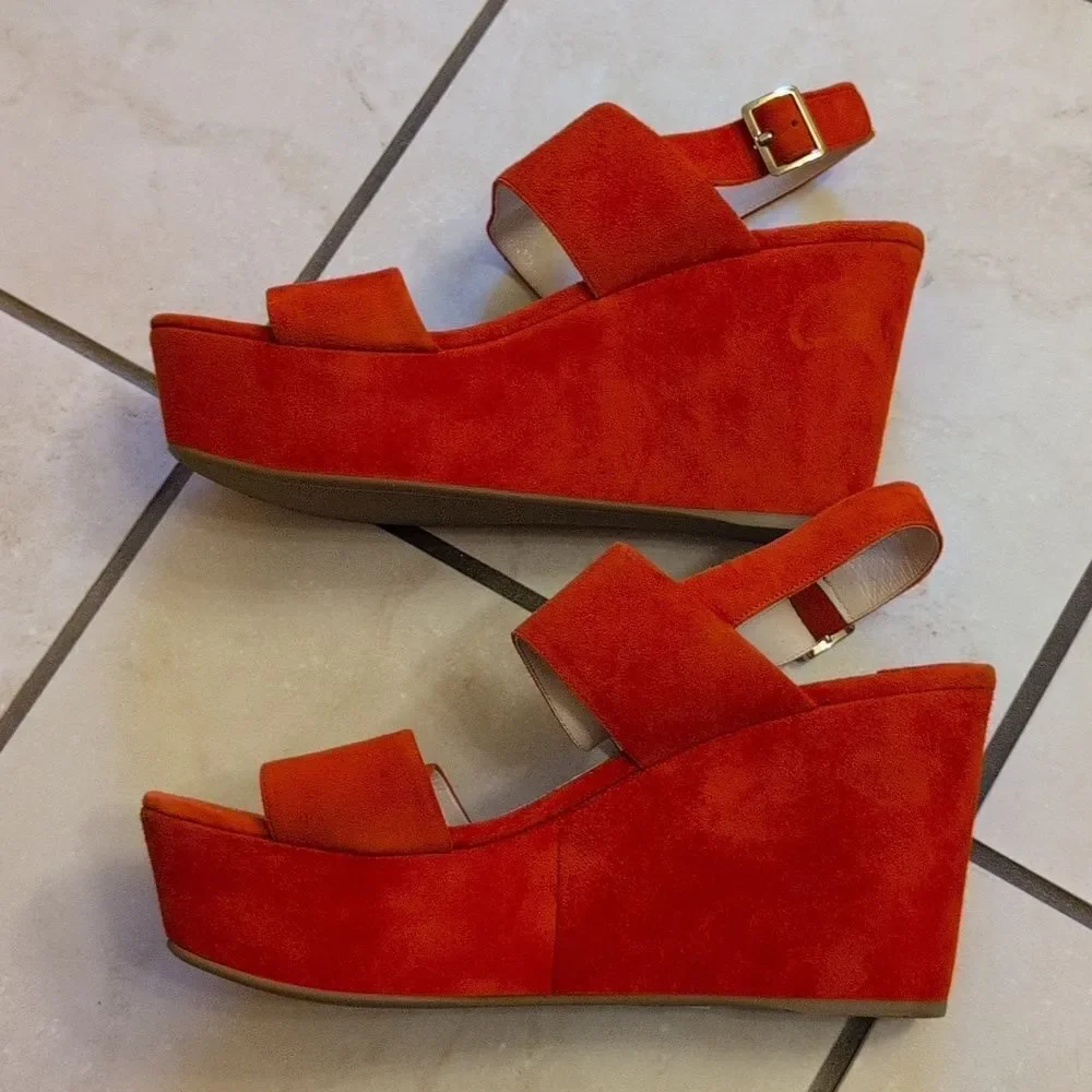 Prada Lipstick Red Wedges Leather Suede Platform Ankle Strap Sandals Size 11.5